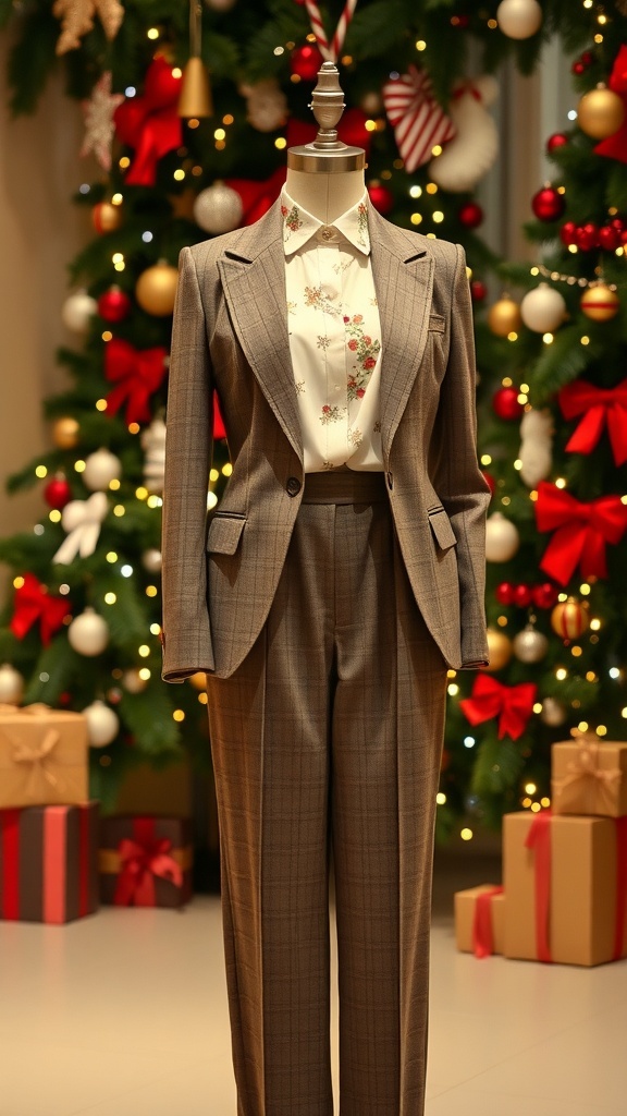 Chic Christmas dinner outfit from Zara with a blazer, blouse, and trousers.